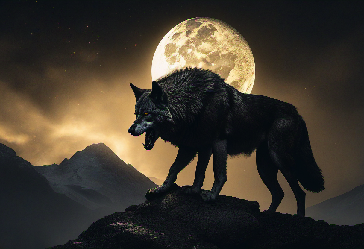 Lobo aullando a la luna dorada